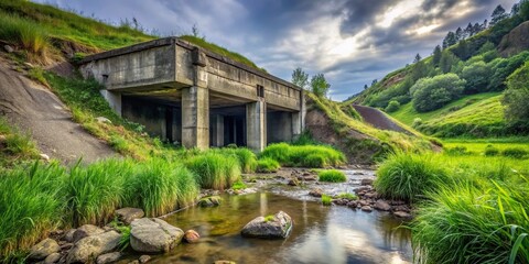 Concrete structure with overgrown grass and river with rocks