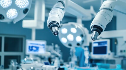A state-of-the-art medical robotics surgery center, hospital operating room with surgical robots and minimally invasive tools, Medical robotics style