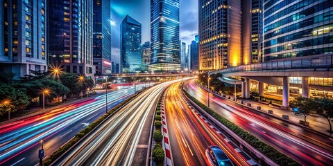 Fototapeta premium Vibrant City Traffic Long Exposure at Night with Colorful Light Trails and Skyscrapers