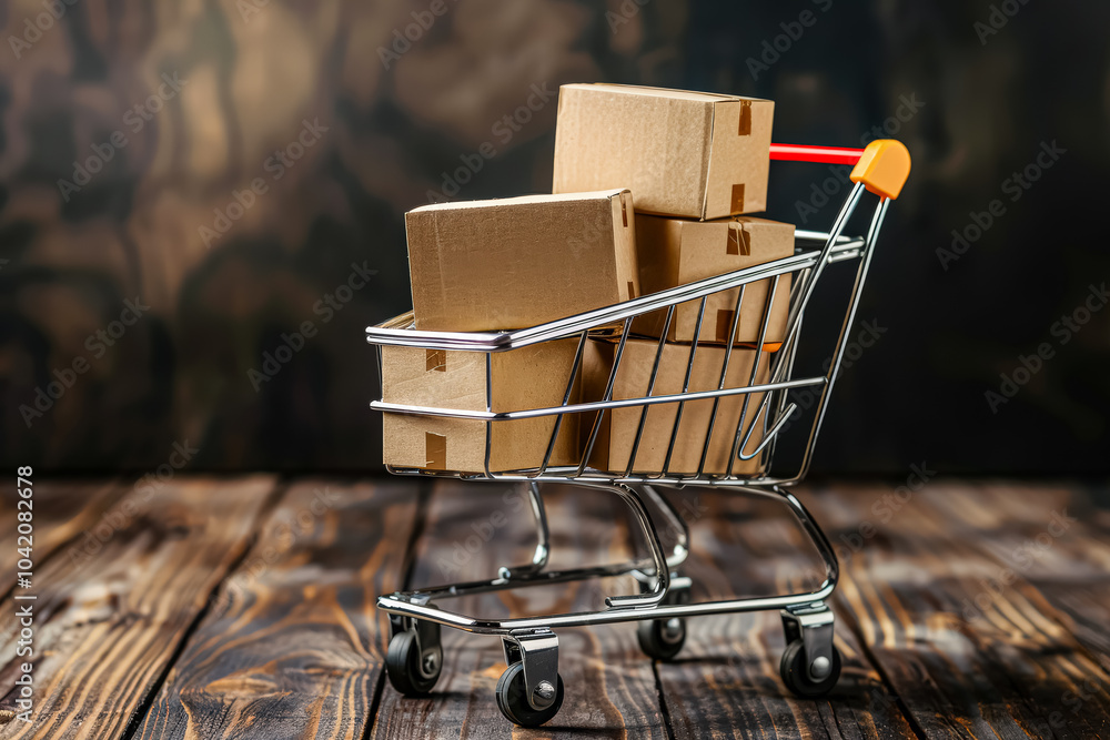 Poster shopping cart filled with boxes is sitting on a wooden surface. the boxes are of various sizes and a