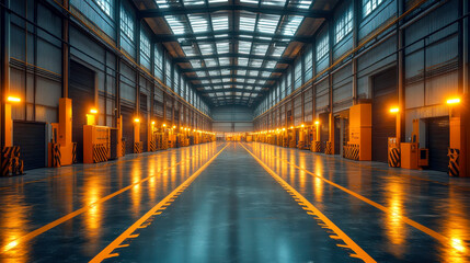 Obraz premium Large, clean industrial warehouse interior with bright lighting and polished floors. Modern logistics and storage facility