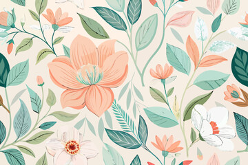 Seamless Pattern of Hand-Drawn Flowers and Leaves
