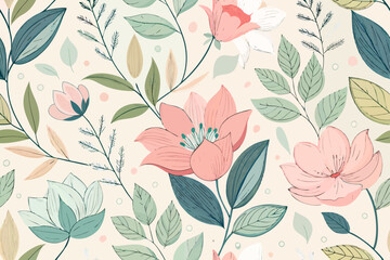 Seamless Pattern of Hand-Drawn Flowers and Leaves