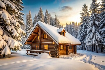 Naklejka premium Cozy winter wooden house covered in snow with yellow lights in forest