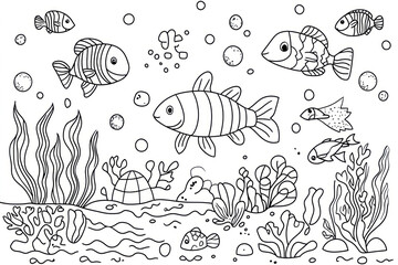 Fototapeta premium Ocean Life, coloring page for kids, line art, black and white.