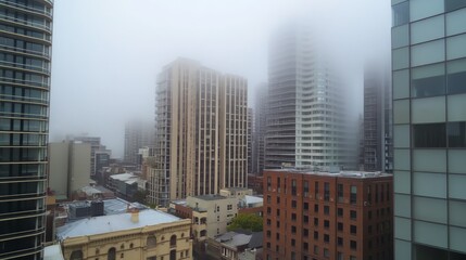 Fototapeta premium Tall buildings of Melbourne shrouded in mist