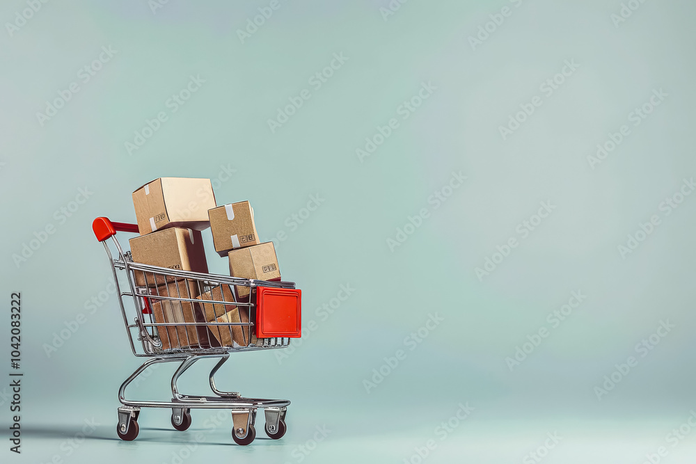 Poster shopping cart is filled with boxes and is placed on a blue background. the cart is overflowing with 