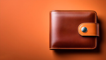 A sleek and modern brown leather wallet displayed against a vibrant orange backdrop, showcasing elegance and sophistication. Ideal for themes of style and personal accessories.