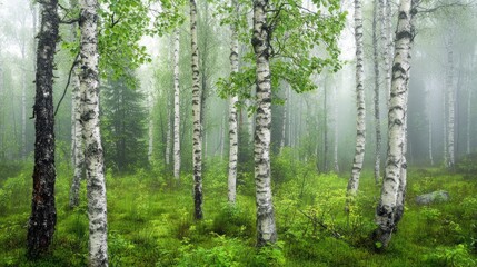 Fototapeta premium Bright green pines and birches in a misty Swedish forest