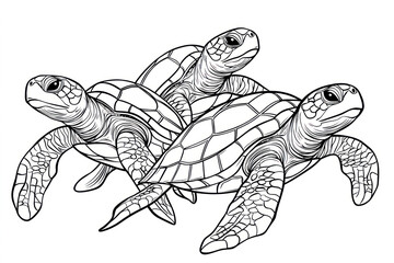 Fototapeta premium Sea turtles, coloring page for kids, line art.