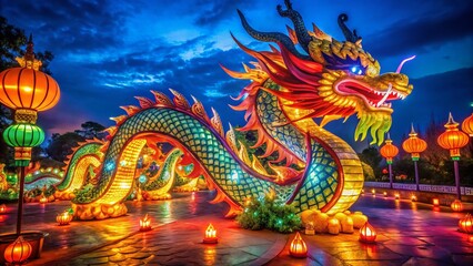 Fototapeta premium Vibrant Dragon Sculpture Surrounded by Glowing Lanterns in Festive Celebration