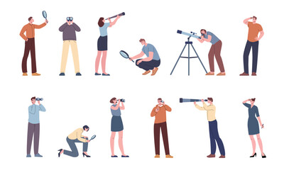 People and binoculars. Men women with telescope, magnifying glasses looking around. Adults business characters searching ideas, kicky vector set