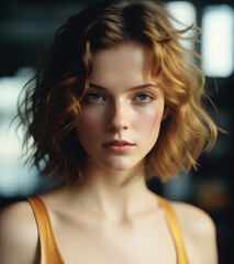 Naklejka premium Portrait of a lovely young woman with short hair. 