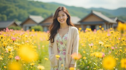Image of a young woman in a field with autumn flowers blooming
