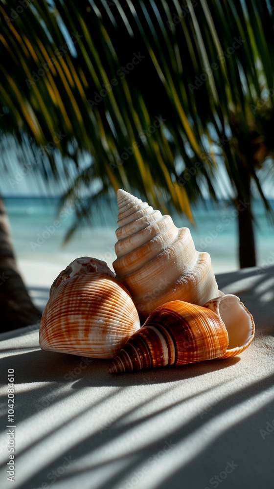 Poster three seashells on a white surface with a palm tree in the background and a blue ocean.