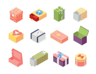 Obraz premium Isometric gift 3d boxes. Vibrant box for different presents. Isolated accessories packages for birthday christmas new year valentine day, flawless vector set