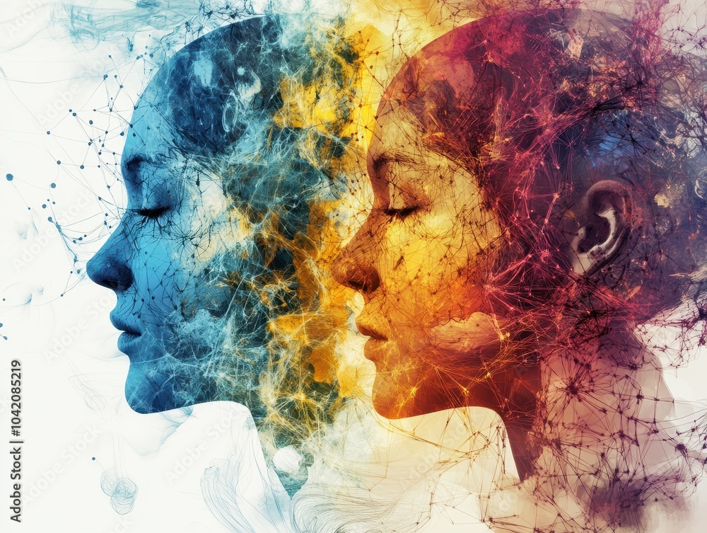Poster artistic representation of two profile faces in vibrant colors, merging elements of abstraction, emo