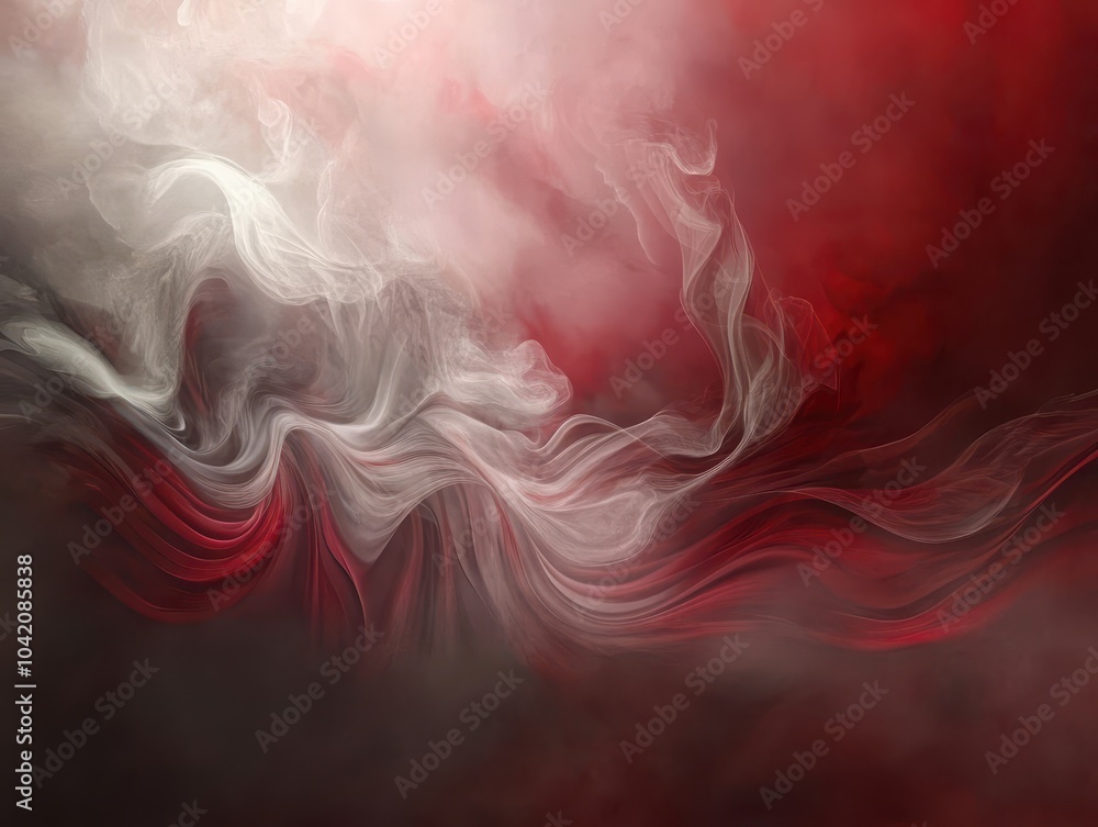 Poster an abstract design featuring swirling red and white smoke-like patterns, evoking a sense of fluidity