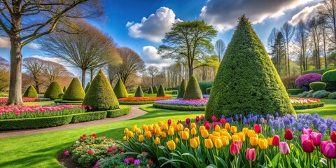Obraz premium Conic shaped yew trees and colourful spring flowers at Keukenhof gardens