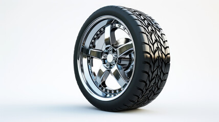 Obraz premium A shiny alloy wheel with a detailed tire tread isolated on white background, showcasing automotive design and engineering.