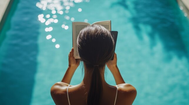 Woman holding e-reader device and reading e-book by the pool 