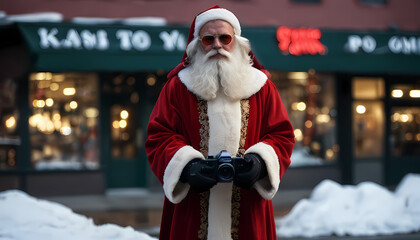 Santa Claus in a warm red robe and sunglasses looks at the camera on a blurry winter street