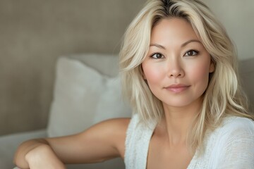 Obraz premium Head shot portrait pretty blonde asian american woman looking at camera, sits alone on sofa photoshooting, enjoy pleasant pastime weekend at home at own or rented apartment. Beautiful mature female pr