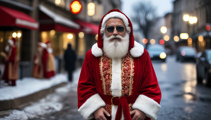 Santa Claus in a warm red robe and sunglasses looks at the camera on a blurry winter street