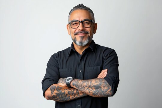 Smiling confident latin hispanic mature business man with tatoos standing crossed arms isolated on white background. Older senior businessman professional ceo, coach, leader looking at camera. Banner,