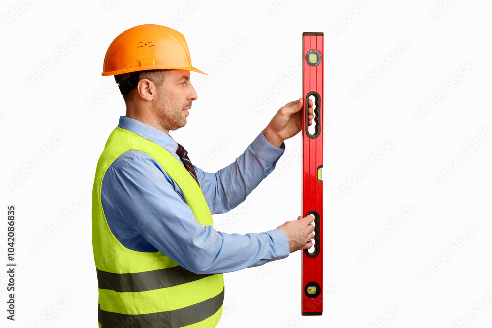 Aufkleber Building Tools. Construction Site Worker Using Builder's Level Working Over White Background. Studio Shot