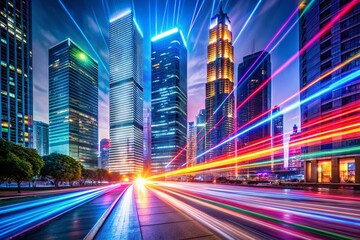 Fototapeta premium Vibrant Neon Light Beams Creating Dynamic Architectural Patterns in Urban Nightscape