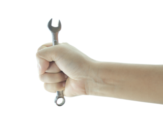 Female hand holding screwdriver, repair tools isolated on transparent background.