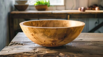Wooden Bowl on Rustic Table
