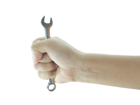 Female hand holding screwdriver, repair tools isolated on transparent background.