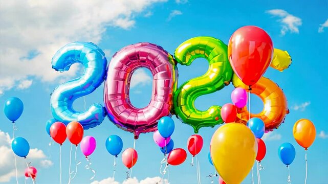 Colorful Balloons and Festive Celebration of 2025 Bright and Cheerful Party in Sky for Joyful Events