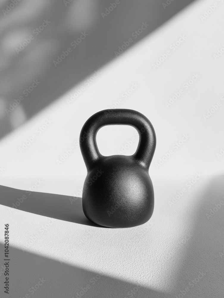 Poster A black kettlebell rests on a clean white surface, illuminated by soft natural daylight, creating a minimal and elegant aesthetic. Generative AI