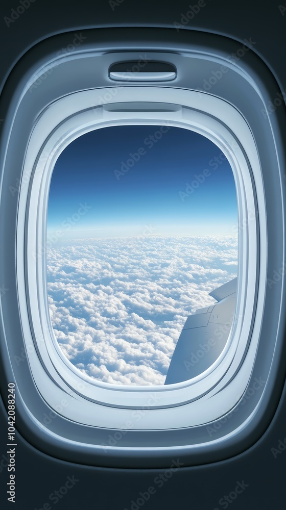 Aufkleber looking out airplane window above beautiful cloudy sky. enjoying breathtaking view of vast blue sky 
