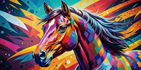 Obraz premium Vibrant Pop Art Portrait of a Horse in Bold Colors and Patterns for Modern Decor