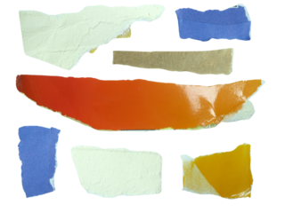 Several pieces of multi-colored torn-edge paper isolated on transparent background.