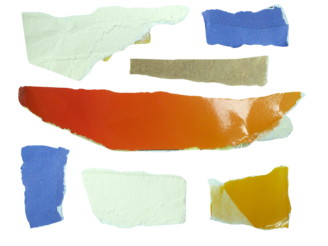 Several pieces of multi-colored torn-edge paper isolated on transparent background.
