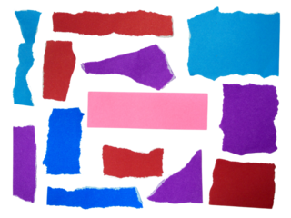 Several pieces of multi-colored torn-edge paper isolated on transparent background.