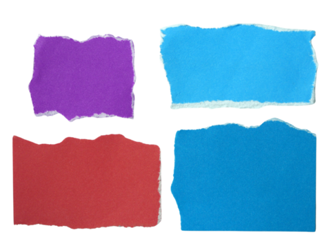 Several pieces of multi-colored torn-edge paper isolated on transparent background.