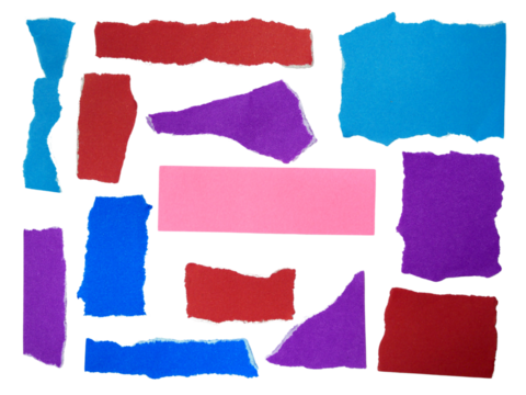 Several pieces of multi-colored torn-edge paper isolated on transparent background.