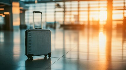 Fototapeta premium Empty suitcase in a busy airport terminal, bathed in golden sunset light, symbolizing the start of a new journey filled with excitement and anticipation