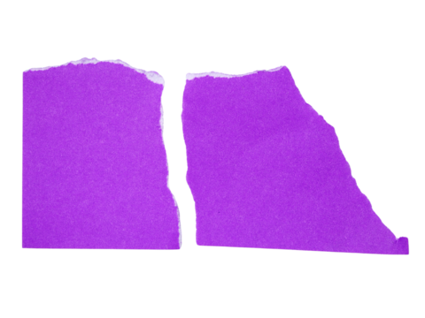 Several pieces of purple torn-edge sticky notes isolated on transparent background.