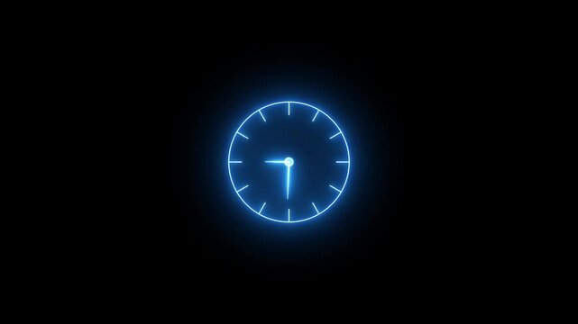 glowing neon blue color clock animation icon alarm clock circle  wall clock animated on black background
