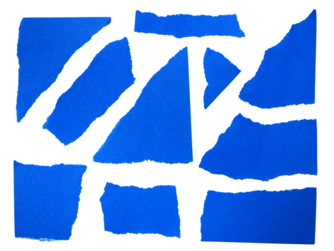 Several pieces of blue torn-edge sticky notes isolated on transparent background.
