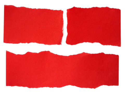 everal pieces of red torn-edge sticky notes isolated on transparent background.