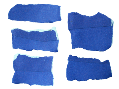 Several pieces of blue torn-edge sticky notes isolated on transparent background.