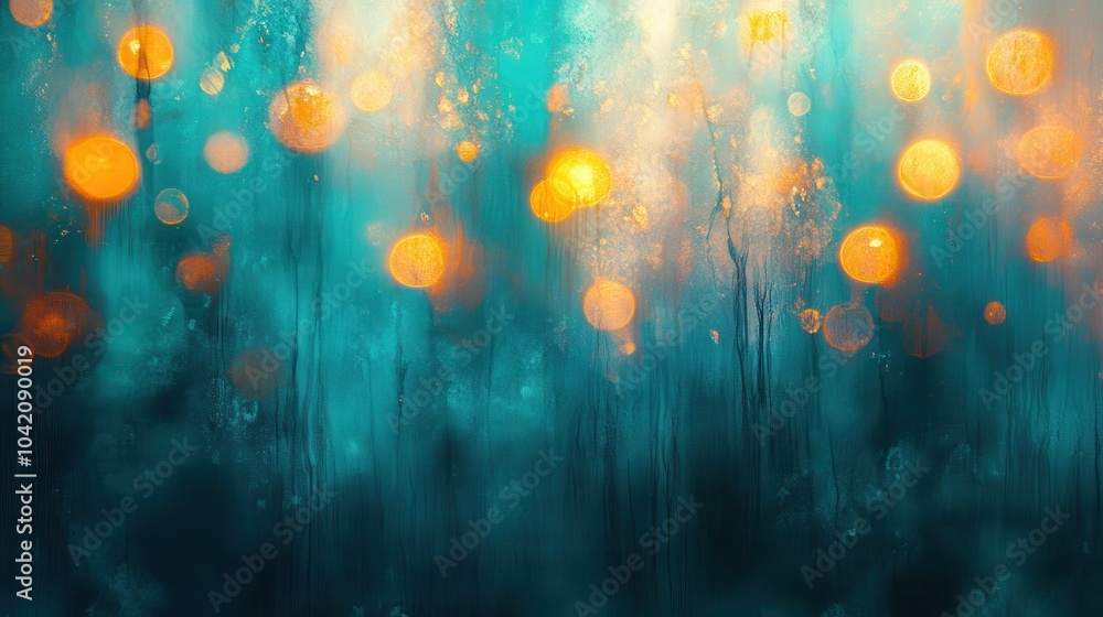 Poster a dreamy abstract background featuring soft blue and golden bokeh lights, creating a serene and vibr